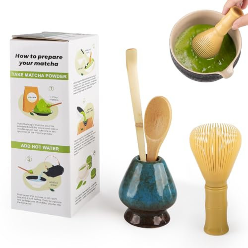 Matcha-Set, 4-teilig, japanische Zeremonie, Matcha-Schneebesen aus Harz, Löffel aus Bambus, Schaufel aus Bambus, Halterung für Schneebesen, perfektes Set zum Zubereiten, Blau