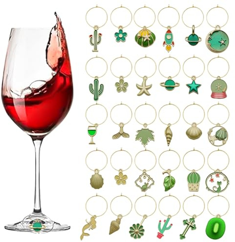 REBECCAGIBSON 31 Pezzi Segnabicchieri Marcatori di Ciondoli per Bicchieri di Vino, anelli di identificazione in vetro,decorazione per feste, bicchieri di vino, cocktail