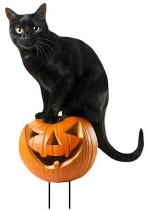 Ｚｉａｌｏｆｉ Estaca de Jardín Adorno Halloween Animales Calabaza Metal Hierro Ornamental Señal Césped Resistente Adecuado para Exteriores Patio Decoración Casa, Gato