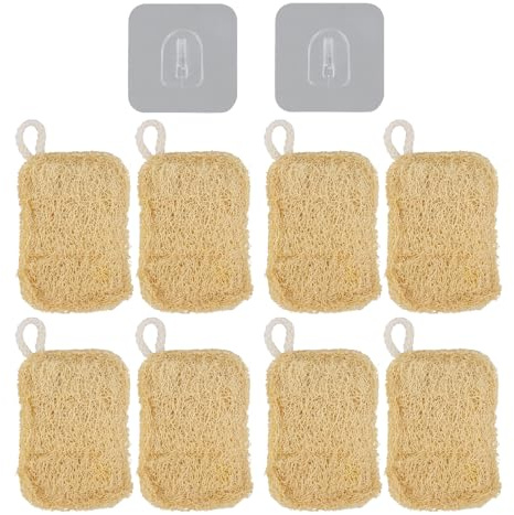 Aurafly 8 Piezas Esponjas de Lufa Orgánicas con 2 Ganchos, Biodegradables y Compostables Lufa Natural Estropajo, Repelente Al Aceite, para Cuartos de Baños Cocinas Encimeras, 10 X 7 cm