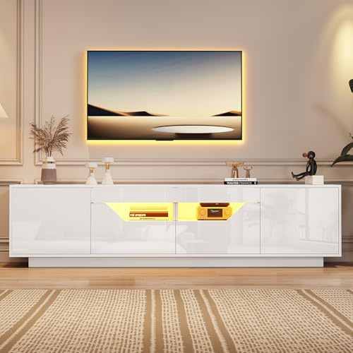 Merax High-Gloss TV Stand Cabinet with 2 Doors, 2 Drawers and 2 Open Storage Areas, TV Unit with LED Lights, Entertainment Center for Living Room, Fits up to 75-Inch TV, White, 180 x 40 x 45 cm