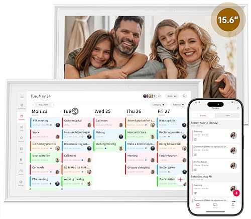 HGFRTEE Calendrier Numérique Mural Familial 15,6, Organisateur Écran Tactile WiFi Sans Abonnement, Planning Repas & Tableau Corvées, Synchronisation Agenda, Cadre Photo