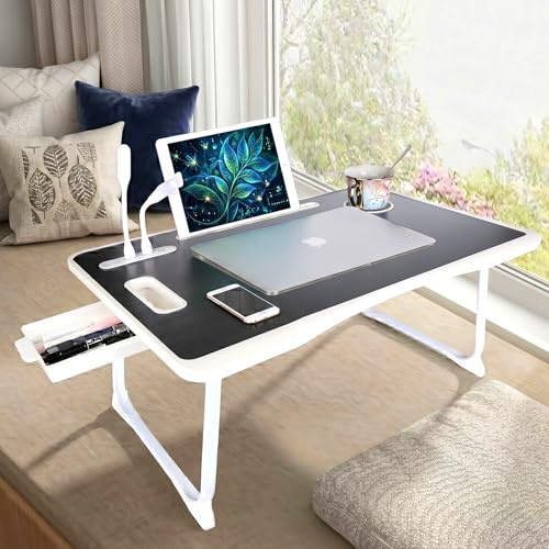 BIFZOIN Bed Table Laptop Desk,Foldable Portable Laptop Bed Table with USB Ports,Side Drawer,Desktop Card and Handle,Portable Tray for Eating,Working,Studying and Reading