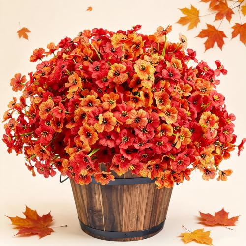XIANNVXI 16 Bundles Autumnal Artificial Flowers for Outdoor,UV Resistant | Red Orange Realistic Fake Faux Silk Autumn Flowers Plants for Outdoor Indoor,Home Garden Fall Decor,Window Box,Porch,Patio