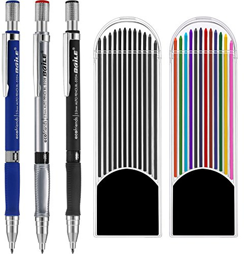 3 Pieces 2.0 mm Mechanical Pencil with 2 Cases Refills, Color and Black Refills for Draft Drawing, Writing, Crafting, Art Sketching
