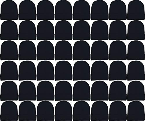 48 Pack Winter Beanies, Bulk Cold Weather Warm Knit Skull Caps, Mens Womens Unisex Hats (Black Ribbed)