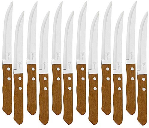 e!Orion Juego de 12 Cuchillos de mesa con mango de madera natural, Cuchillo de Carne Acero Inoxidable - Hoja de Filo Liso