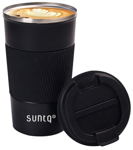 SUNTQ Kaffeebecher to go Thermo aus Edelstahl - Thermobecher mit Gummierte Manschette Doppelwand Isoliert - Kaffeetasse mit Auslaufsicherem Deckel Wiederverwendbar 510ml Schwarz