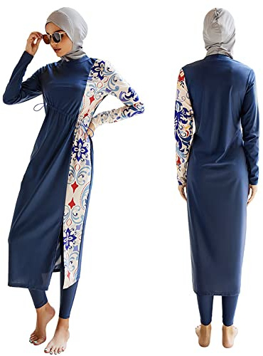 Burkini Swimwear for Ladies UK Muslim Swimming Costume Women Long Sleeve UV Protection Floral Tops + Pants + Swimming Cap Hijab 3 Piece Full Body Modest Swimsuit Islamic Bathing Suit 6#Navy Blue M