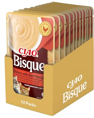 INABA CIAO Bisque di Pollo con Manzo, Cibo Umido per Gatti - Crema Sana e Deliziosa con Umidità Elevata - 12 Buste x 40 gr - Cibo per Gatti Complementare Senza Conservanti o Coloranti Artificiali