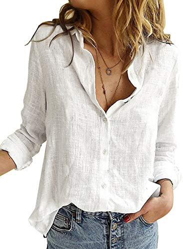 BLENCOT Damen Bluse Langarm Hemden Casual V-Ausschnitt Roll Up Ärmel Button Down Blusen Tops,M,Weiß
