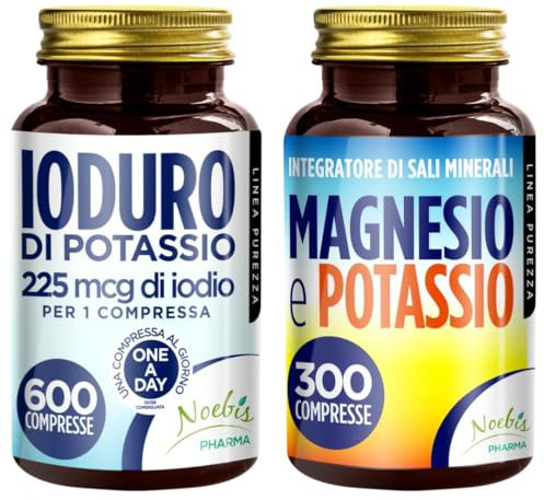 Set di Integratori Metabolismo + Sali Minerali - 225 mcg di Iodio per 1 Compressa Alto Dosaggio + Magnesio e Potassio Citrato 300 Compresse- contro Stanchezza e Fatica Fisica
