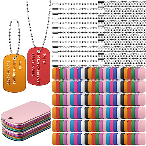 Therwen 300 Pcs Blank Dog Tags Set Includes 150 Pcs Aluminum Tags Engraving Laser Blanks and 150 Pcs Necklace Chain for Pet Decorative DIY Craft, 10 Colors (150 Set)