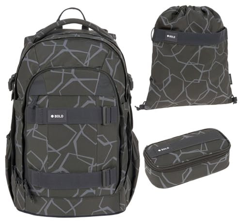 Lässig Bold Origin Schulrucksack-Set 3tlg mit Schlamperbox und Turnbeutel (Edges Grey)