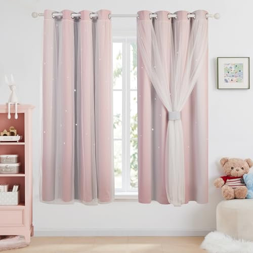 Deconovo Kids Blackout Curtains Noise Reducing Thermal Insulated Double Layer with Net Hollow Out Star Patter Eyelet Curtains for Bedroom 52x54 Inch Pink/Grey 2 Panels