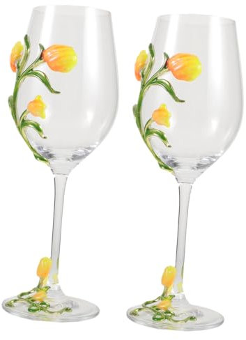 VINTORKY 2pcs Tulip Goblet for Wedding Party Wine Glass Gin Glasses Flower Painting