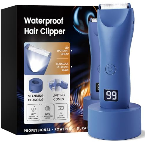 Intimrasierer Mann, Brigin Körperrasierer Herren mit LED-Licht und Stehender Ladestation, Profi Rasierer Herren Elektrisch, Wasserdicht körperhaartrimmer für Bart, Brust, Beine, Nass Trocken Rasierer