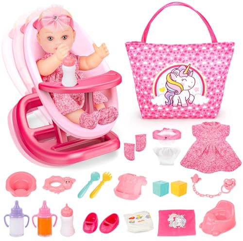 deAO Ensemble Accessoire Poupee Bebe avec Lit de Poupée, Nursery Poupée avec Kit d'alimentation et de Soins pour Poupées,12in Poupee et Chaise à Bascule, Biberon, Tétine, Couches, Jeu de Rôle Cadeau