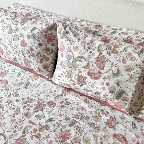 Juego de Sábanas Blancas100% Algodón Estampado Floral Rosa Primavera – 3 o 4 Piezas (Bajera + Encimera + 1 o 2 Fundas de Almohada) – Suave, Transpirable y Alegre – Varios Tamaños (CAMA 150 CM)
