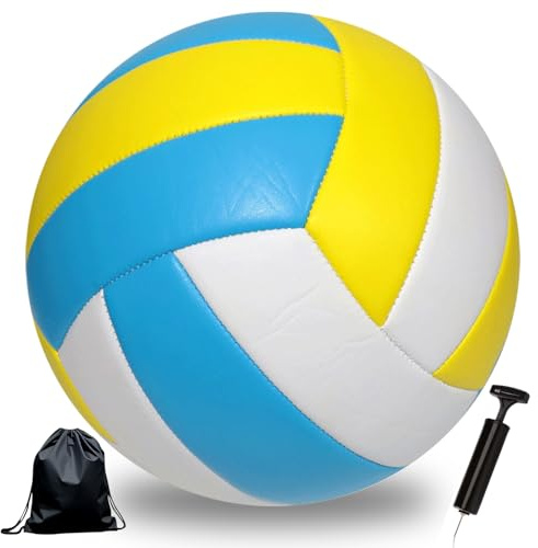 Bibykivn Volleyboll, strandvolleyboll, mjuk beröringsvolleyboll, träning för strand utomhus inomhusspel, officiell storlek 5, artiklar med ryggsäck och pump-nätväska (himmelsblå)
