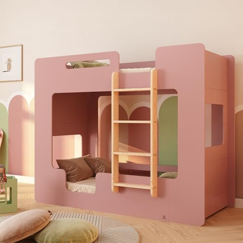 smartwood Våningssäng 100x200 cm med Fallskydd, av Furuträ, Rosa, MIMI B | Våningssäng för 2 barn, nedre ribbotten upp till 230 kg, övre upp till 130 kg, FSC-furuplywood, rundade kanter, från 3 år