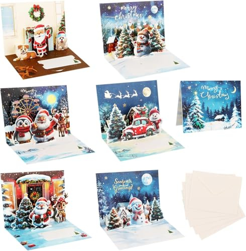 DERAYEE Carte de Voeux Noël avec Enveloppes 3D 6PCS,Carte Pop Up,Carte de Voeux Noël Pop Up 3D pour Vœux de Vacances D'hiver