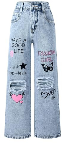 FEOYA Jeans Cargo Ragazza Pantaloni Strappati Bambina con Scritte Baggy Jeans Y2k con Stampa Hip Hop Loose Fit Casual 150/11-12 Anni