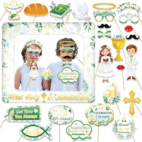 DPKOW 26 pezzi Accessori Photo Booth Prima Santa Comunione + Cornice Gonfiabile per Selfie per Accessori Cornice Photo Booth Prima Santa Comunione Ragazzo Ragazza Decorazioni Prima Comunione Verde Oro