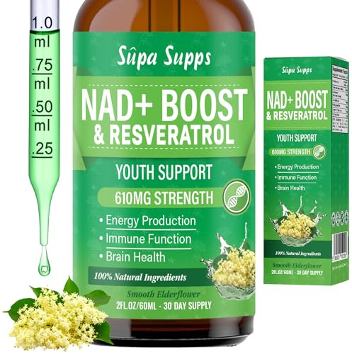 NAD+ Boost Liquid 60ml – Premium NAD Supplements High Strength Formula with Resveratrol Liquid, Elderflower Flavour, Easy Absorption – Supports Energy, Focus and Wellness – NAD Plus Supplements UK