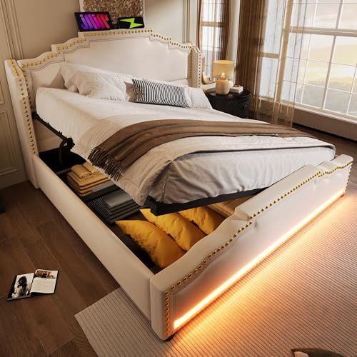 LAKFEW Letto Matrimoniale Imbottito Letto160x200 cm con LED-Testiera e Ricarica-USB, Giroletto Matrimoniale Letti Matrimoniali con Contenitore Idraulico e Listelli, Senza Materasso, Velluto, Beige