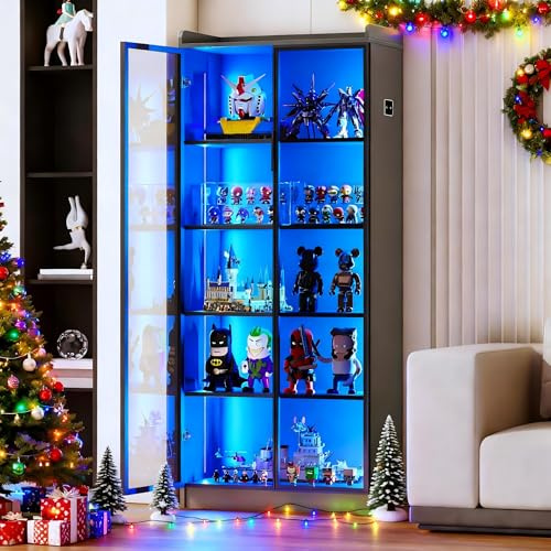 Gurexl 165 cm Vitrinas de Exposición con Puertas de Acrílico y estantes Móviles,Vitrinas Expositoras de 5 Niveles con Iluminación LED y Función de Detección,para Coleccionables,Libros,Modelos,Gris