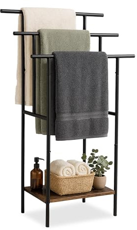 Relaxdays Handtuchständer, Ablage, 3 Stangen, HBT: 100 x 68 x 30 cm, Industrial, stehender Handtuchhalter, braun/schwarz