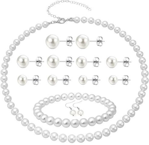 xwnyzw Pearl Jewellery Sets for Women, Pearl Necklaces for Women Bracelets Pearls Earrings for Womens, Costume Jewellery for Womens, Earrings Necklace and Bracelet Set Elegant Jewelry for Daily Wear
