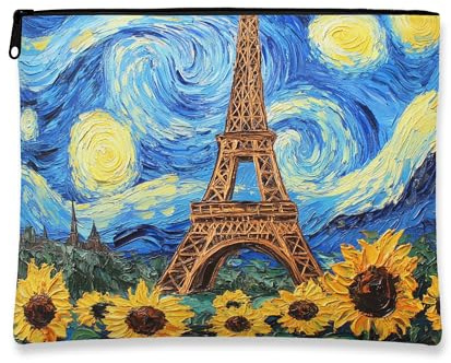 Artistic Vintage Makeup Bag, Paris Tower and Sunflowers Cosmetic Pouch for Women, Portable Canvas Zipper Organizer, Travel Toiletry Bag, Blue, 7x9 Inch, Paris Tower