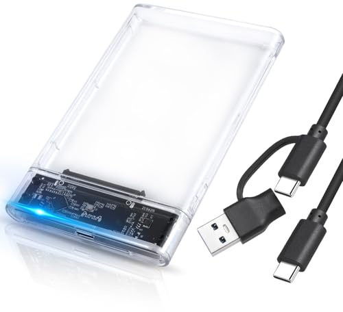 OTraki Carcasa Disco Duro 2,5'' USB 3.1 Gen 1 5Gbps Caja Disco Duro Externo para HDD SSD SATA de 7mm y 9.5mm de Altura con Cable USB C a C y C a A, Compatible con Xbox/PS5/Portátil/PC (Transparente)