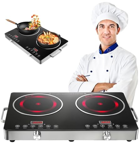 Doppelkochplatte 7800W Tragbar Infrarot - 2 Glaskeramik Kochfelder mit Touch & Knopf-Bedienung, Schnellkochfunktion, Leistungsvoreinstellungen - Kompaktes Kochfeld für Küche, Camping & Balkon