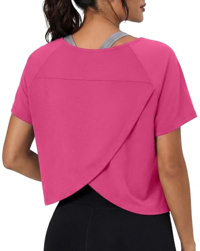 GRECERELLE Maglietta da palestra da donna in misto cotone, a maniche corte, vestibilità ampia, con incrocio sulla schiena, yoga e corsa, abbigliamento sportivo da donna