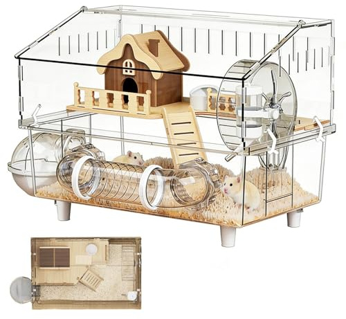 Large Hamster Cage, Two-Tier Transparent Rodent Home, Spacious Hamster Cage with Water Bottle and Toilet, for Guinea Pigs and Small Animals, Indoors, Outdoors and on the Go