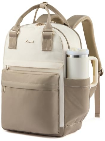LOVEVOOK Ryggsäck dam laptop skolryggsäck med stort fack, Beige khaki, 15.6