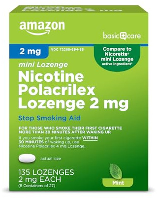 Amazon Basic Care Mini Nicotine Polacrilex Lozenge, 2 mg (Nicotine), Stop Smoking Aid, Mint Flavor, Reduces Cravings, 135 Count (Packaging may vary)