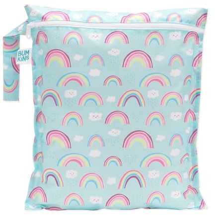 Bumkins Waterproof Wet Bag for Baby, Travel, Swim Suit, Cloth Diapers, Pump Parts, Pool, Gym Clothes, Toiletry, Strap to Stroller, Daycare, Zipper Reusable Bag, Wetdry Packing Pouch, Rainbows Blue