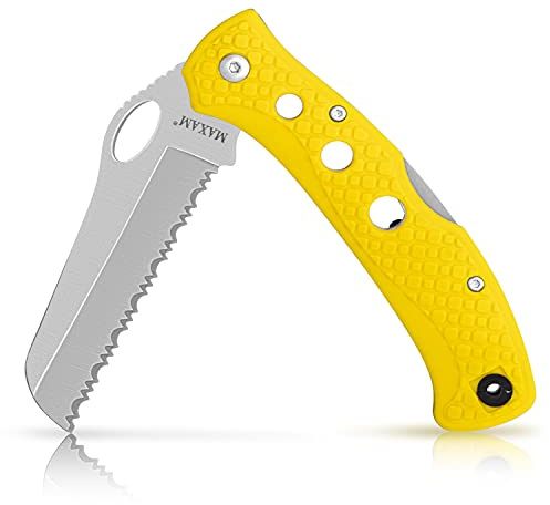 Maxam 5 Inch Saltwater Knife - Rust-Proof German Stainless Steel Serrated Blade with High-Visibility Yellow Handle, Reversible Pocket Clip, Lanyard Hole