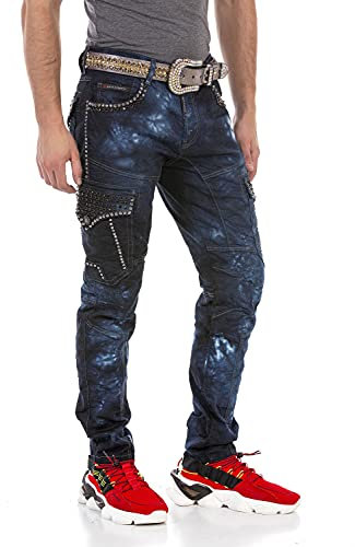 Cipo & Baxx Herren Jeans Hose Cargo Nieten Regular Fit Pants Denim Jeanshose Pants CD677 Blau W33 L34