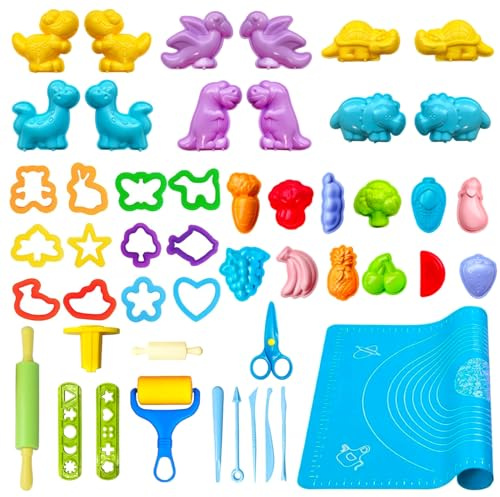 VAIYNWOM Accesorios Plastilina, 47 Tijeras de Herramientas en Forma de Plástico Mattarello Moldes de Dinosaurios Vegetales y Animales, Almohadillas, A