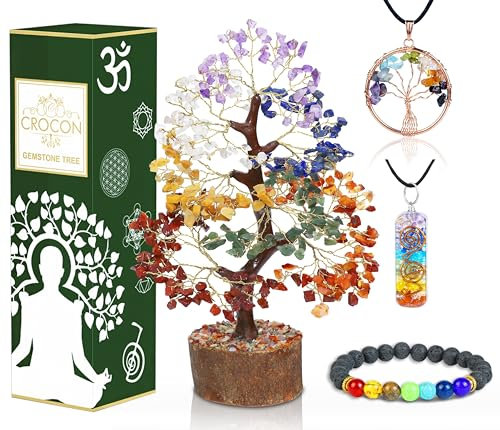 Seven Chakra Crystal Tree of Life with Bracelet & 2 Pendants Feng Shui Bonsai Decor Healing Crystals Spiritual Gifts for Cute Home Room & Desk Decor, Gifts for Women, Mom, Friend Her & Sister