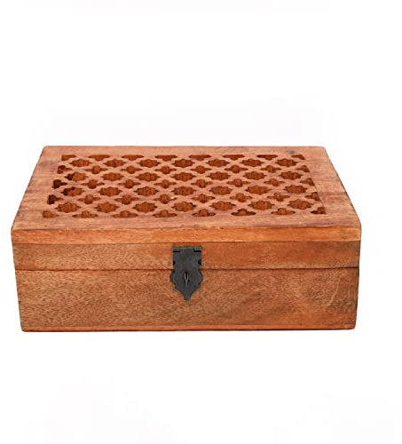 Samhita Mango Wood Decorative Wooden Box with Hinged Lid in Jali Carvings Used as Storage Box Christmas Gifts Items (22.86cm x 15.24cm x 7.62cm)