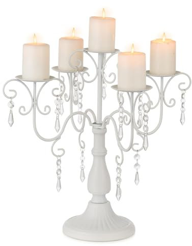 Sziqiqi 5 Arm Candelabra Candle Holder - White Pillar Candle Holder Decorative Candle Stands for Wedding Reception Table Centerpieces Metal Candleholders for Christmas Easter