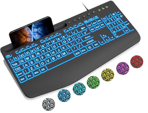 SABLUTE Wired Keyboard Large Print Computer Keyboards, Lighted USB Ergonomic Keyboard with 7 Color Backlit, Wrist Rest and Phone Holder, Easy to Read and Type for Laptop, PC, Windows, Desktop