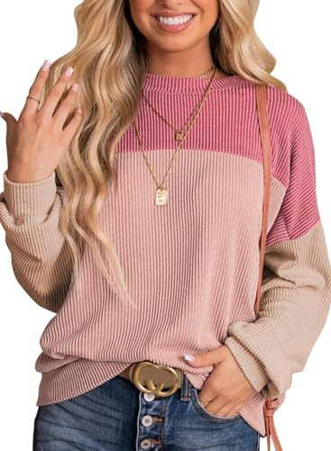 DUOEASE Jersey Mujer Cuello Redondo Oversize Textura Bloque de Color Camiseta Manga Larga Otoño-Rosa OscuroAlbaricoque-L