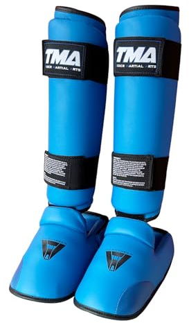 TMA Kids Taekwondo Shin Instep Protector Leg Foot Sparring Gear Guard (Blue, Medium)